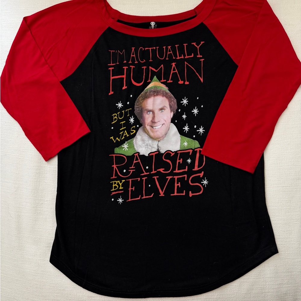 ELF Christmas Baseball Style Tee ‘I’m Actually Human But I Was Raised By Elves M